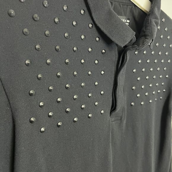 Zara Man Polo Shirt Short Sleeve Black W/ Metal Studded Accents Small Rare NWOT - Picture 2 of 9